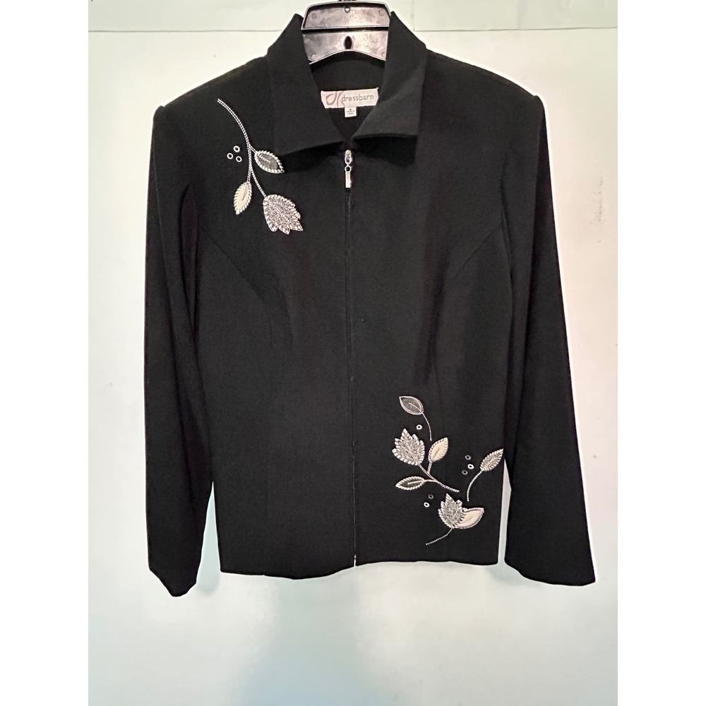 Dressbarn Womens Black Embroidered Leaf Zip Up Jacket Size 8 Long Sleeve Collar